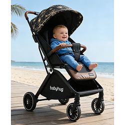 Babyhug Auto-fold Baby Stroller with Concealed Linked Brake - Black| One-Hand Compact Fold|  5-Point Harness| Shock Absorbing Wheels| Travel-Friendly| 0-3 Years Boys & Girls| Reclining Seat| PU Handle