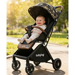 Babyhug Auto-fold Baby Stroller with Concealed Linked Brake - Black| One-Hand Compact Fold|  5-Point Harness| Shock Absorbing Wheels| Travel-Friendly| 0-3 Years Boys & Girls| Reclining Seat| PU Handle