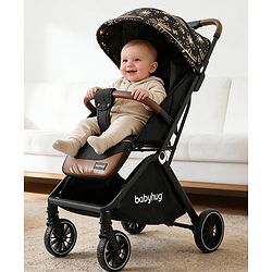 Babyhug Auto-fold Baby Stroller with Concealed Linked Brake - Black| One-Hand Compact Fold| Aluminium frame pram with One Click fold| Shock Absorbing Wheels| Travel-Friendly| 0-3 Years Boys & Girls| Reclining Seat| PU Handle