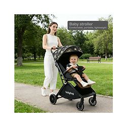 Babyhug Auto-fold Baby Stroller with Concealed Linked Brake - Black| One-Hand Compact Fold|  5-Point Harness| Shock Absorbing Wheels| Travel-Friendly| 0-3 Years Boys & Girls| Reclining Seat| PU Handle