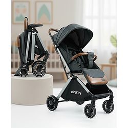 Babyhug Auto-fold Baby Stroller with Concealed Linked Brake - Black| One-Hand Compact Fold|  5-Point Harness| Shock Absorbing Wheels| Travel-Friendly| 0-3 Years Boys & Girls| Reclining Seat| PU Handle