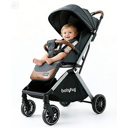 Babyhug Auto-fold Baby Stroller with Concealed Linked Brake - Black| One-Hand Compact Fold|  5-Point Harness| Shock Absorbing Wheels| Travel-Friendly| 0-3 Years Boys & Girls| Reclining Seat| PU Handle