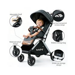 Babyhug Auto-fold Baby Stroller with Concealed Linked Brake - Black| One-Hand Compact Fold|  5-Point Harness| Shock Absorbing Wheels| Travel-Friendly| 0-3 Years Boys & Girls| Reclining Seat| PU Handle