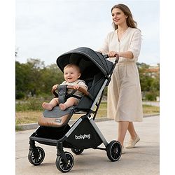Babyhug Auto-fold Baby Stroller with Concealed Linked Brake - Black| One-Hand Compact Fold|  5-Point Harness| Shock Absorbing Wheels| Travel-Friendly| 0-3 Years Boys & Girls| Reclining Seat| PU Handle