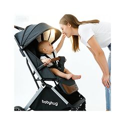 Babyhug Auto-fold Baby Stroller with Concealed Linked Brake - Black| One-Hand Compact Fold|  5-Point Harness| Shock Absorbing Wheels| Travel-Friendly| 0-3 Years Boys & Girls| Reclining Seat| PU Handle