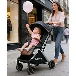 Babyhug Auto-fold Baby Stroller with Concealed Linked Brake - Black| One-Hand Compact Fold|  5-Point Harness| Shock Absorbing Wheels| Travel-Friendly| 0-3 Years Boys & Girls| Reclining Seat| PU Handle