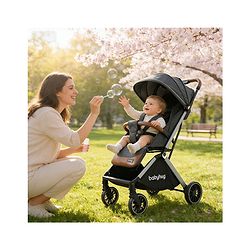 Babyhug Auto-fold Baby Stroller with Concealed Linked Brake - Black| One-Hand Compact Fold|  5-Point Harness| Shock Absorbing Wheels| Travel-Friendly| 0-3 Years Boys & Girls| Reclining Seat| PU Handle