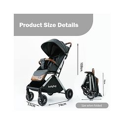Babyhug Auto-fold Baby Stroller with Concealed Linked Brake - Black| One-Hand Compact Fold|  5-Point Harness| Shock Absorbing Wheels| Travel-Friendly| 0-3 Years Boys & Girls| Reclining Seat| PU Handle