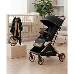 Babyhug Auto-fold Baby Stroller with Concealed Linked Brake - Black| One-Hand Compact Fold|  5-Point Harness| Shock Absorbing Wheels| Travel-Friendly| 0-3 Years Boys & Girls| Reclining Seat| PU Handle
