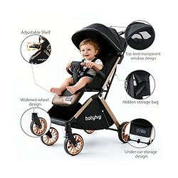 Babyhug Auto-fold Baby Stroller with Concealed Linked Brake - Black| One-Hand Compact Fold|  5-Point Harness| Shock Absorbing Wheels| Travel-Friendly| 0-3 Years Boys & Girls| Reclining Seat| PU Handle