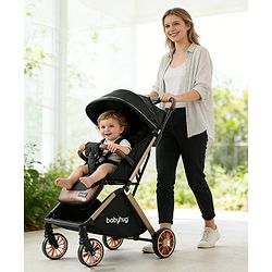 Babyhug Auto-fold Baby Stroller with Concealed Linked Brake - Black| One-Hand Compact Fold|  5-Point Harness| Shock Absorbing Wheels| Travel-Friendly| 0-3 Years Boys & Girls| Reclining Seat| PU Handle