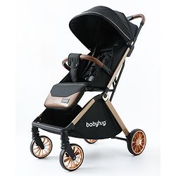 Babyhug Auto-fold Baby Stroller with Concealed Linked Brake - Black| One-Hand Compact Fold|  5-Point Harness| Shock Absorbing Wheels| Travel-Friendly| 0-3 Years Boys & Girls| Reclining Seat| PU Handle