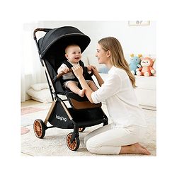 Babyhug Auto-fold Baby Stroller with Concealed Linked Brake - Black| One-Hand Compact Fold|  5-Point Harness| Shock Absorbing Wheels| Travel-Friendly| 0-3 Years Boys & Girls| Reclining Seat| PU Handle