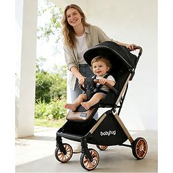 Babyhug Auto-fold Baby Stroller with Concealed Linked Brake - Black| One-Hand Compact Fold|  5-Point Harness| Shock Absorbing Wheels| Travel-Friendly| 0-3 Years Boys & Girls| Reclining Seat| PU Handle