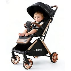 Babyhug Auto-fold Baby Stroller with Concealed Linked Brake - Black| One-Hand Compact Fold| Aluminium frame pram with One Click fold| Shock Absorbing Wheels| Travel-Friendly| 0-3 Years Boys & Girls| Reclining Seat| PU Handle