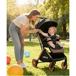 Babyhug Auto-fold Baby Stroller with Concealed Linked Brake - Black| One-Hand Compact Fold| Aluminium frame pram with One Click fold| Shock Absorbing Wheels| Travel-Friendly| 0-3 Years Boys & Girls| Reclining Seat| PU Handle
