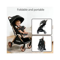 Babyhug Auto-fold Baby Stroller with Concealed Linked Brake - Black| One-Hand Compact Fold|  5-Point Harness| Shock Absorbing Wheels| Travel-Friendly| 0-3 Years Boys & Girls| Reclining Seat| PU Handle