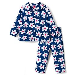 Babyhug Cotton Knit Full Sleeves Co-ords Night Suit With Floral Print - Navy Blue