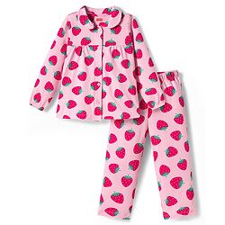 Babyhug Cotton Knit Full Sleeves Co-ords Night Suit With Strawberry Print - Pink