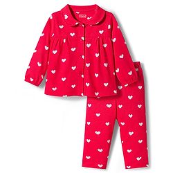 Babyhug Cotton Knit Full Sleeves Co-ords Night Suit With Heart Print - Red