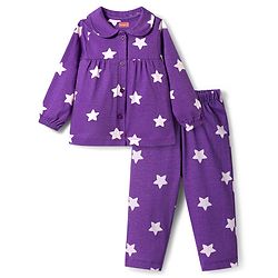 Babyhug Cotton Knit Full Sleeves Co-ords Night Suit With Star Print - Purple