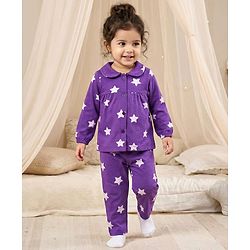 Babyhug Cotton Knit Full Sleeves Co-ords Night Suit With Star Print - Purple