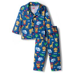 Babyhug Cotton Knit Full Sleeves Co-ords Night Suit With Animal Print - Navy Blue