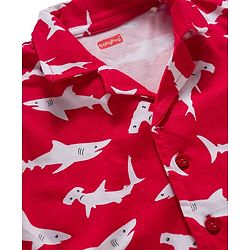 Babyhug Cotton Knit Full Sleeves Co-ords Night Suit With Shark Print - Red