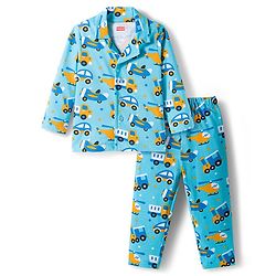 Babyhug Cotton Knit Full Sleeves Co-ords Night Suit With Vehicle Print - Blue