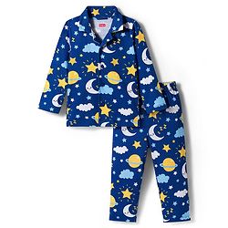 Babyhug 100% Cotton Knit Full Sleeves Co-ords Night Suit With Star Print - Navy Blue