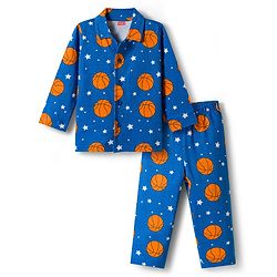 Babyhug Cotton Knit Full Sleeves Co-ords Night Suit With Basketball Print - Blue