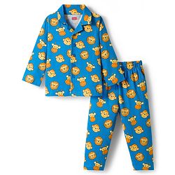 Babyhug 100% Cotton Knit Full Sleeves Co-ords Night Suit With Animal Print - Blue