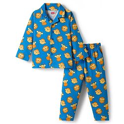 Babyhug Cotton Knit Full Sleeves Co-ords Night Suit With Animal Print - Blue