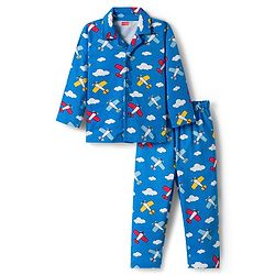 Babyhug Cotton Knit Full Sleeves Co-ords Night Suit With Aeroplane Print - Blue
