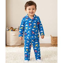 Babyhug Cotton Knit Full Sleeves Co-ords Night Suit With Aeroplane Print - Blue