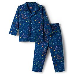 Babyhug Cotton Knit Full Co-ords Night Suit With Dino Print - Navy Blue