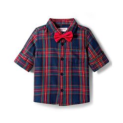 Babyhug Cotton Woven Full Sleeves Checks Shirt With Bow - Navy Blue & Red