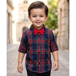 Babyhug Cotton Woven Full Sleeves Checks Shirt With Bow - Navy Blue & Red