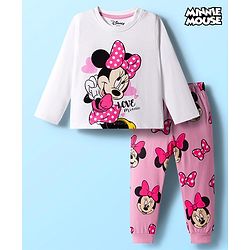 Babyhug Disney Single Jersey Knit Full Sleeves Night Suit With Minnie Mouse Graphics - White & Pink