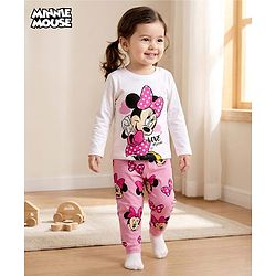Babyhug Disney Single Jersey Knit Full Sleeves Night Suit With Minnie Mouse Graphics - White & Pink