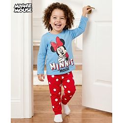 Babyhug Disney Single Jersey Knit Full Sleeves Night Suit With Minnie Mouse Graphics - Light Blue & Red