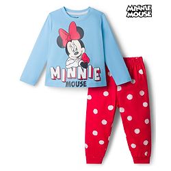 Babyhug Disney Single Jersey Knit Full Sleeves Night Suit With Minnie Mouse Graphics - Light Blue & Red