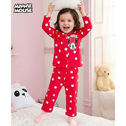 Babyhug Disney Single Jersey Knit Full Sleeves Night Suit With Minnie Mouse Graphics - Red