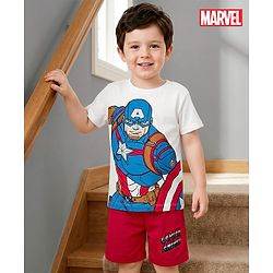 Babyhug Marvel Single Jersey Knit Half Sleeves Shorts Night Suit With Captain America Graphics - Red & White