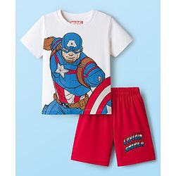 Babyhug Marvel Single Jersey Knit Half Sleeves Shorts Night Suit With Captain America Graphics - Red & White