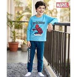 Babyhug Marvel Single Jersey Knit Full Sleeves Night Suit with Spider-Man Graphics - Light & Teal Blue