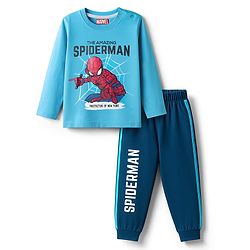 Babyhug Marvel Single Jersey Knit Full Sleeves Night Suit with Spider-Man Graphics - Light & Teal Blue