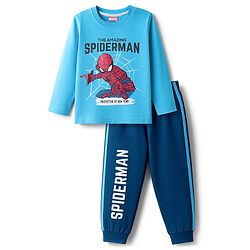 Babyhug Marvel Single Jersey Knit Full Sleeves Night Suit with Spider-Man Graphics - Light & Teal Blue