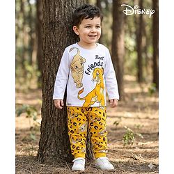 Babyhug Disney Single Jersey Knit Full Sleeves Night Suit With Lion King Graphics - White & Yellow
