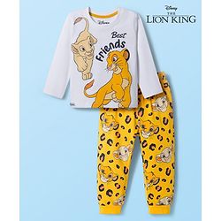 Babyhug Disney Single Jersey Knit Full Sleeves Night Suit With Lion King Graphics - White & Yellow